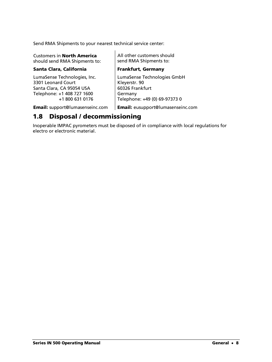 8 disposal / decommissioning | LumaSense Technologies IN 520 User Manual | Page 8 / 38