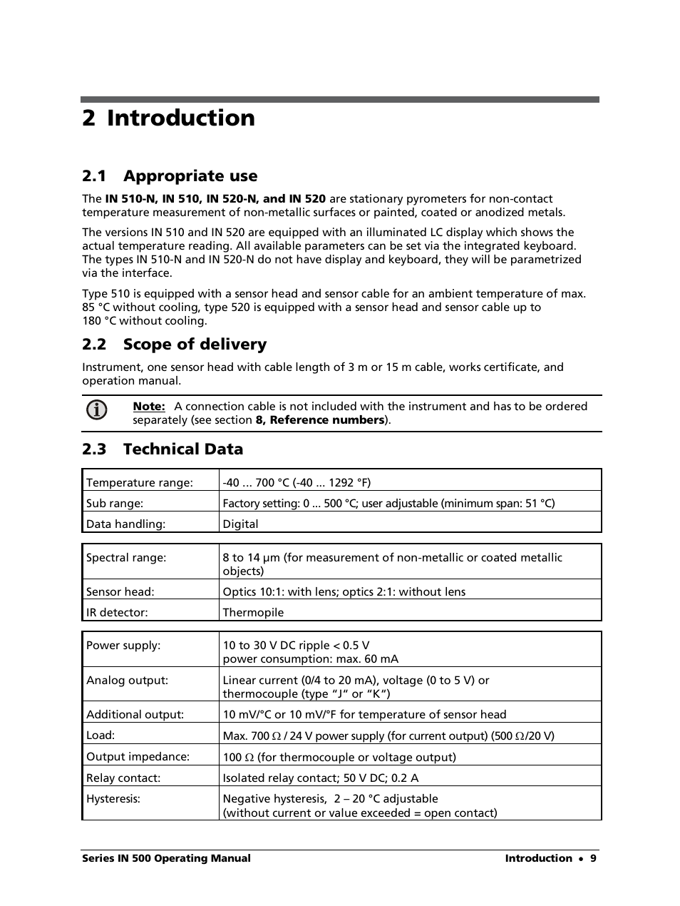2 introduction, 1 appropriate use, 2 scope of delivery | 3 technical data | LumaSense Technologies IN 520 User Manual | Page 9 / 38