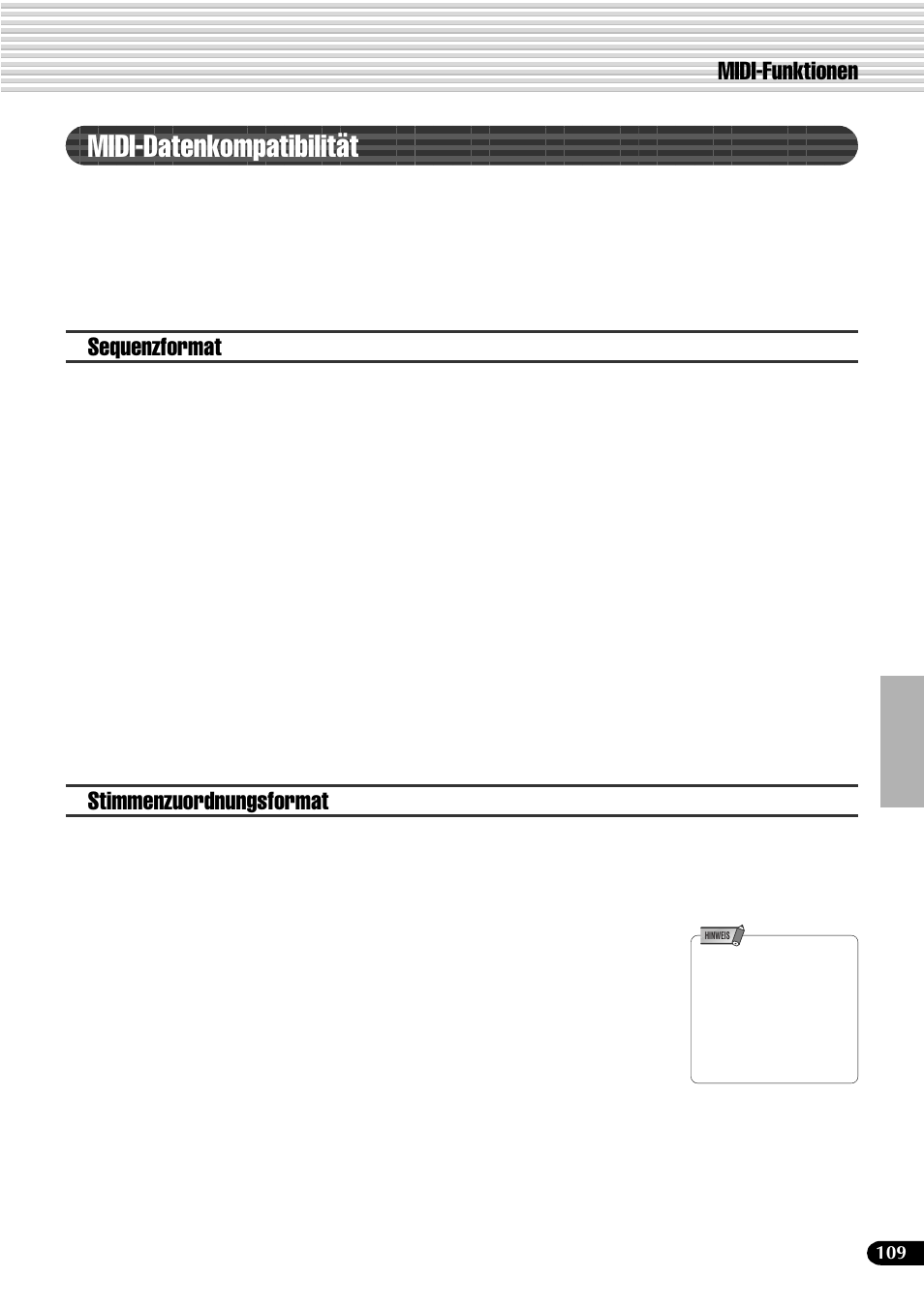 Midi-datenkompatibilität, Midi-funktionen, Sequenzformat | Stimmenzuordnungsformat | Yamaha PSR-540 User Manual | Page 110 / 161