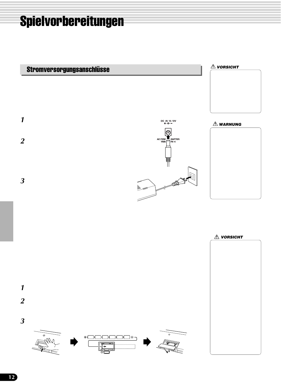 Spielvorbereitungen, Stromversorgungsanschlüsse | Yamaha PSR-540 User Manual | Page 13 / 161