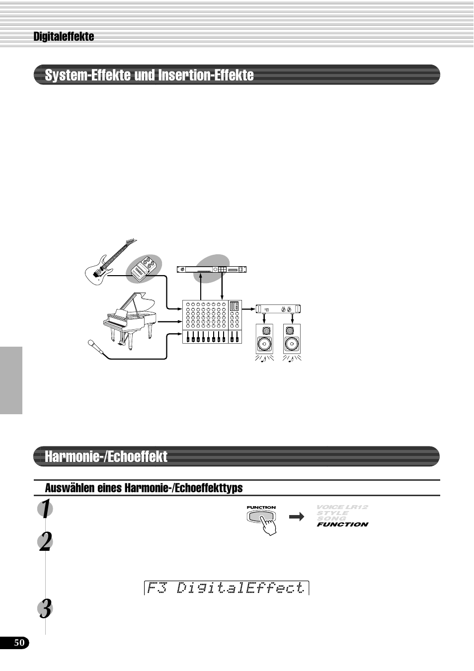 System-effekte und insertion-effekte, Harmonie-/echoeffekt, F3 digitaleffect | Digitaleffekte, Auswählen eines harmonie-/echoeffekttyps | Yamaha PSR-540 User Manual | Page 51 / 161