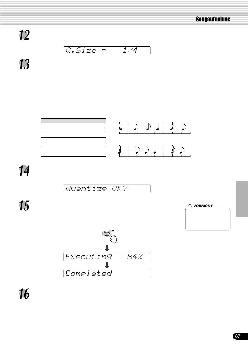 Quantize ok? q.size = 1/4, Executing 84% completed, Songaufnahme | Yamaha PSR-540 User Manual | Page 88 / 161