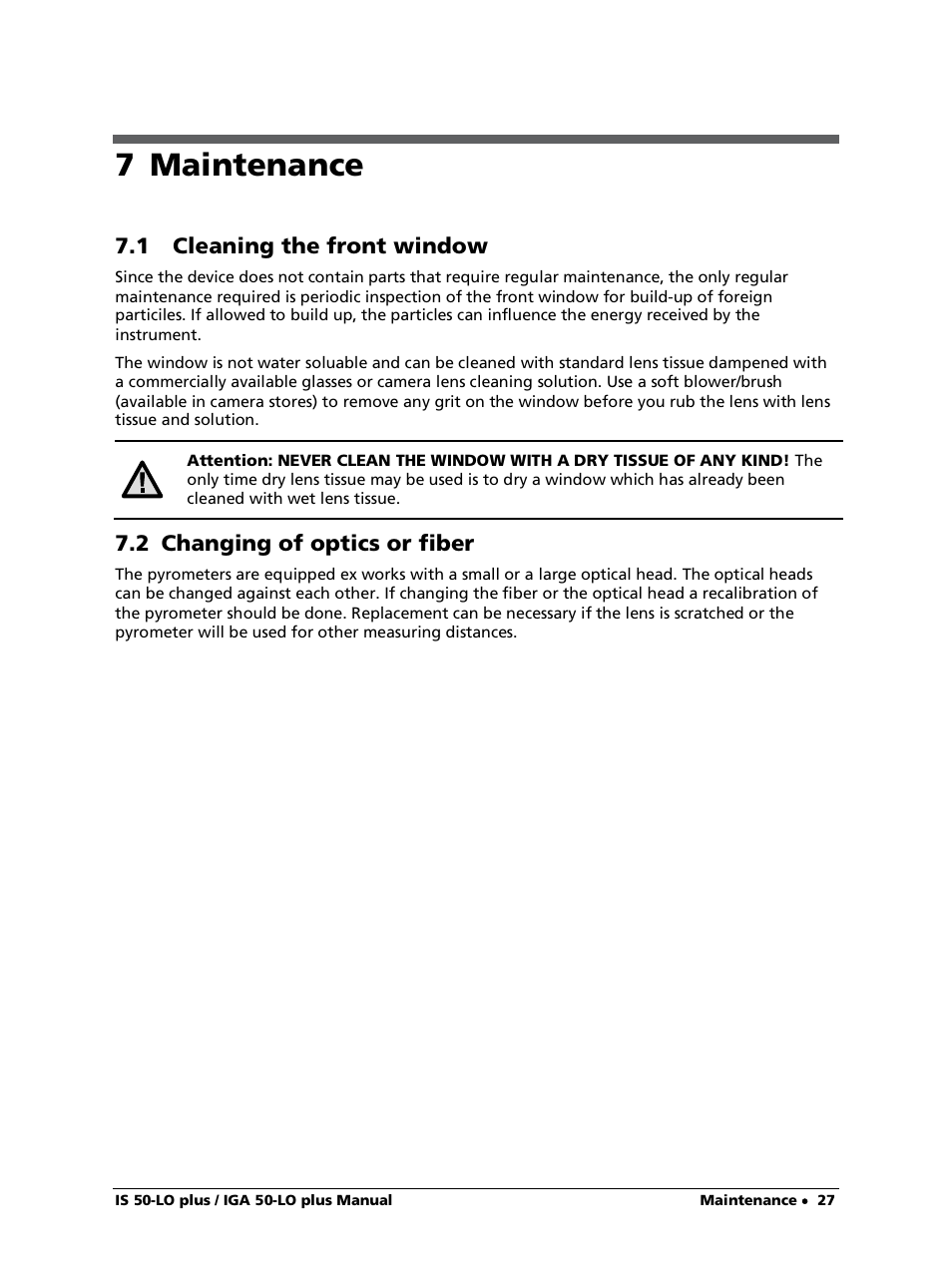 7 maintenance, 1 cleaning the front window, 2 changing of optics or fiber | LumaSense Technologies IS 50-LO plus User Manual | Page 27 / 36