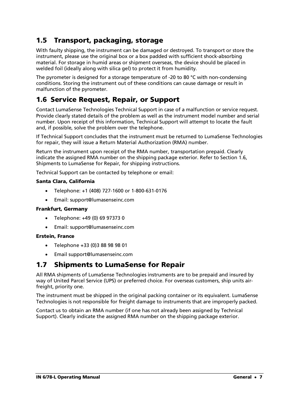 5 transport, packaging, storage, 6 service request, repair, or support, 7 shipments to lumasense for repair | LumaSense Technologies IN 6/78-L User Manual | Page 7 / 38