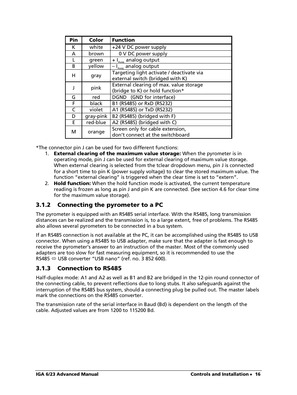 2 connecting the pyrometer to a pc, 3 connection to rs485 | LumaSense Technologies IGA 6/23 Advanced User Manual | Page 16 / 46