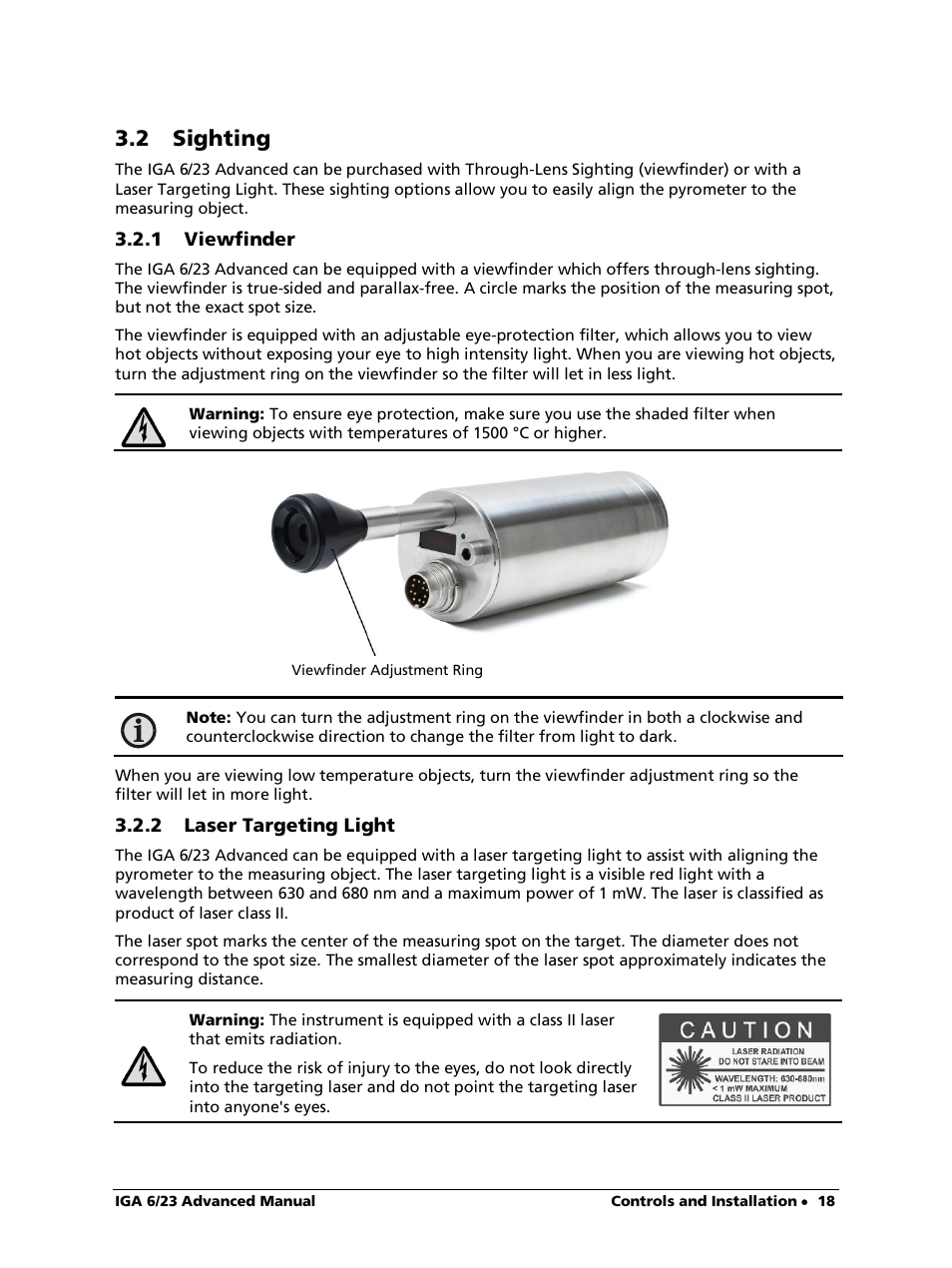 2 sighting, 1 viewfinder, 2 laser targeting light | LumaSense Technologies IGA 6/23 Advanced User Manual | Page 18 / 46