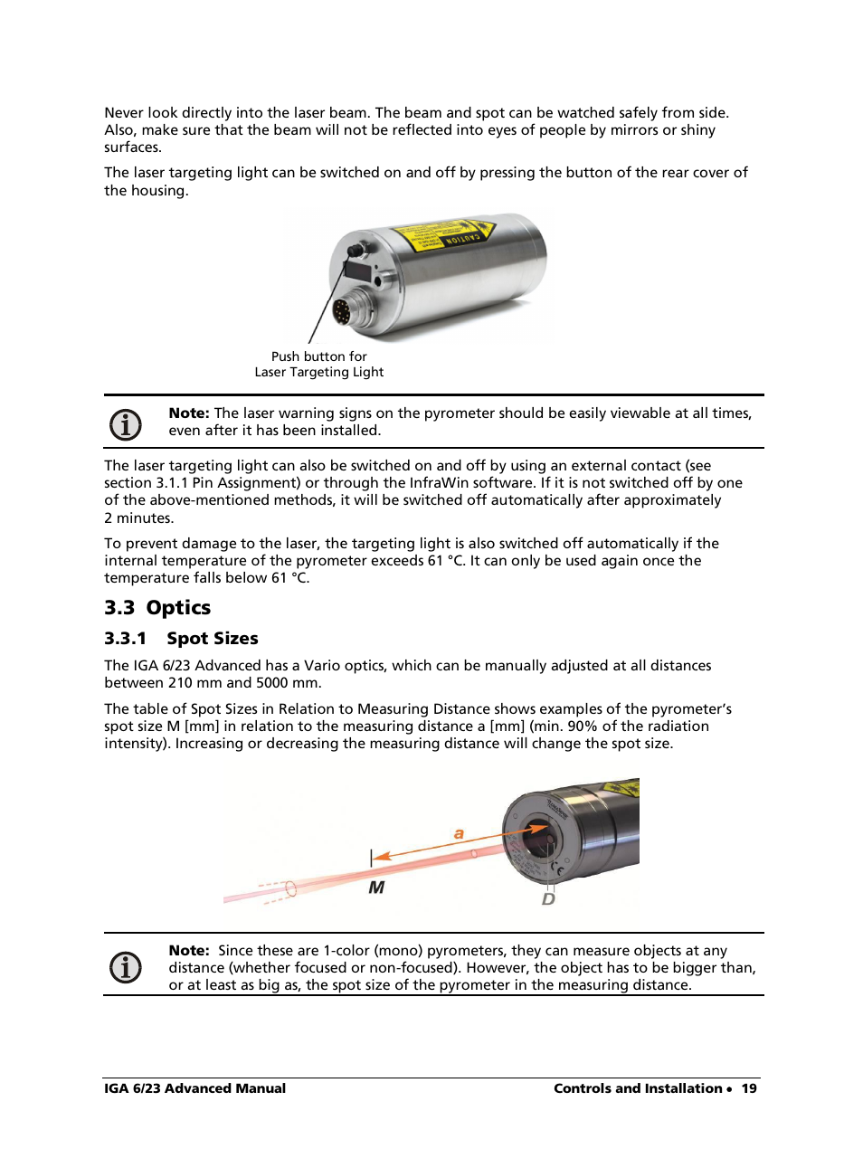 3 optics, 1 spot sizes | LumaSense Technologies IGA 6/23 Advanced User Manual | Page 19 / 46