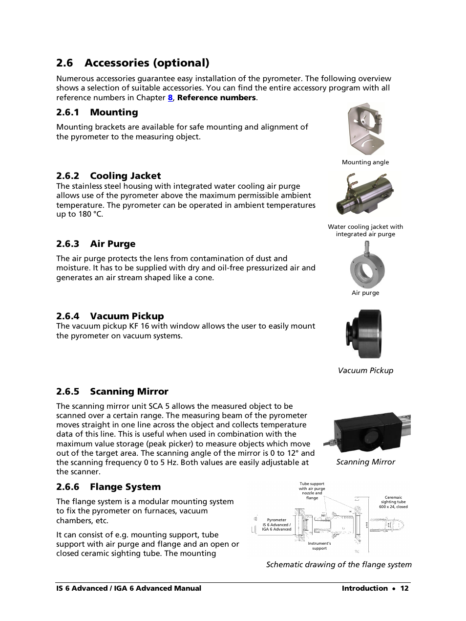 6 accessories (optional), 1 mounting, 2 cooling jacket | 3 air purge, 4 vacuum pickup, 5 scanning mirror, 6 flange system | LumaSense Technologies IS 6 Advanced User Manual | Page 12 / 44