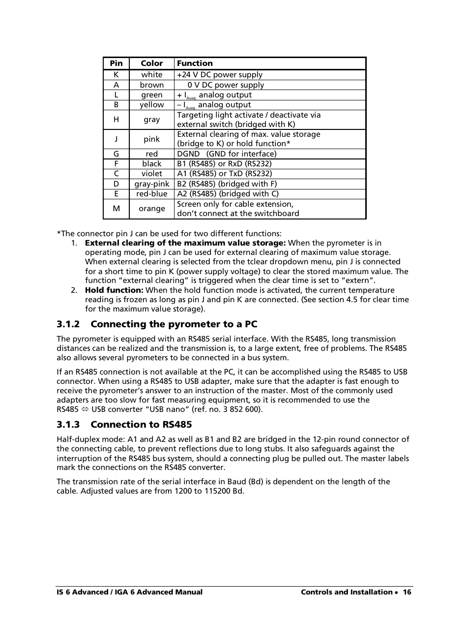 2 connecting the pyrometer to a pc, 3 connection to rs485 | LumaSense Technologies IS 6 Advanced User Manual | Page 16 / 44