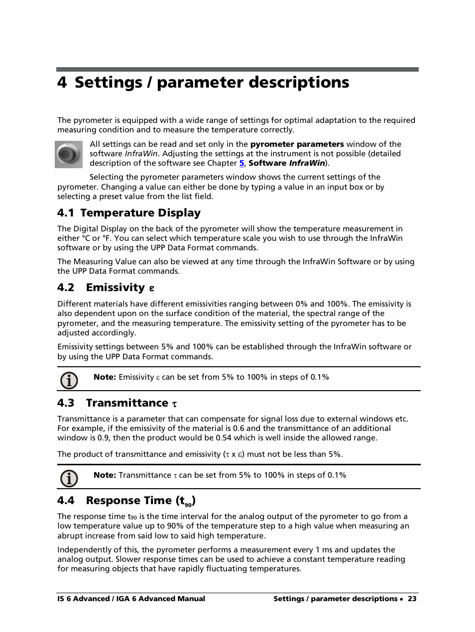 4 settings / parameter descriptions, 1 temperature display, 2 emissivity ε | 3 transmittance, 4 response time (t90), 3 transmittance t, 4 response time (t | LumaSense Technologies IS 6 Advanced User Manual | Page 23 / 44