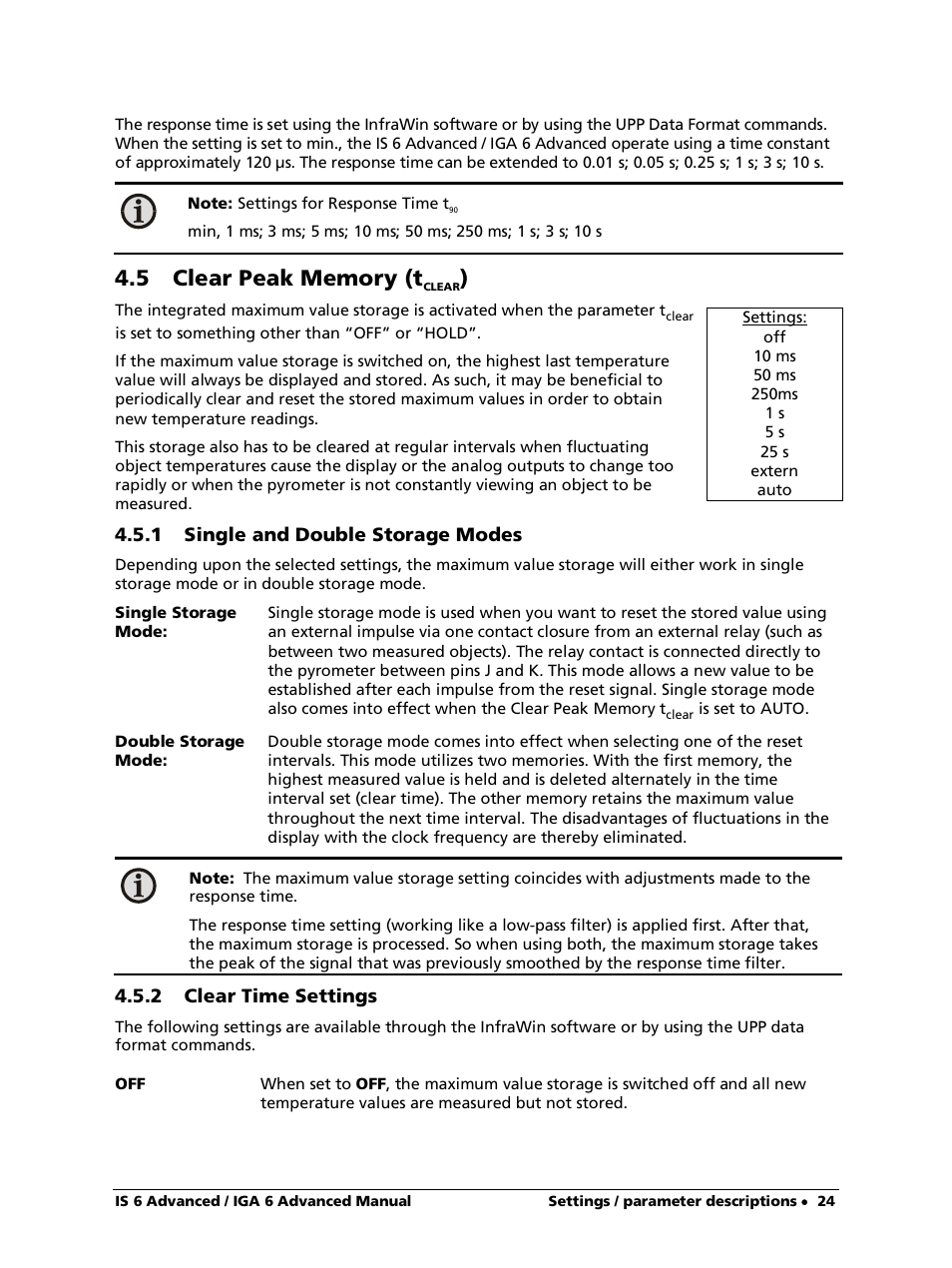 5 clear peak memory (tclear), 1 single and double storage modes, 2 clear time settings | LumaSense Technologies IS 6 Advanced User Manual | Page 24 / 44