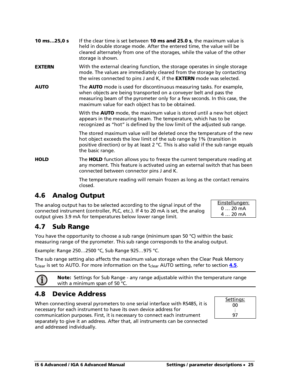 6 analog output, 7 sub range, 8 device address | LumaSense Technologies IS 6 Advanced User Manual | Page 25 / 44
