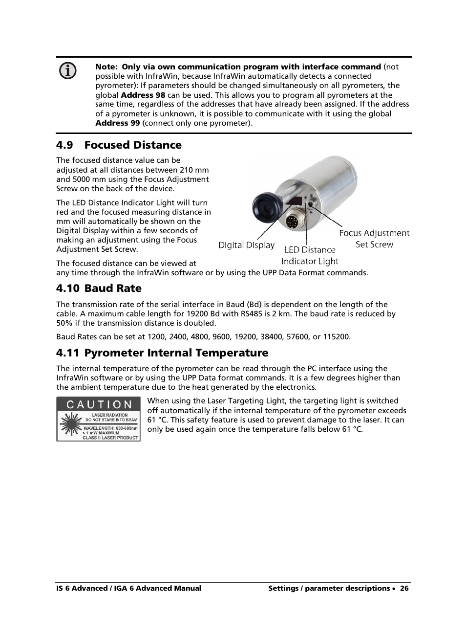 9 focused distance, 10 baud rate, 11 pyrometer internal temperature | LumaSense Technologies IS 6 Advanced User Manual | Page 26 / 44