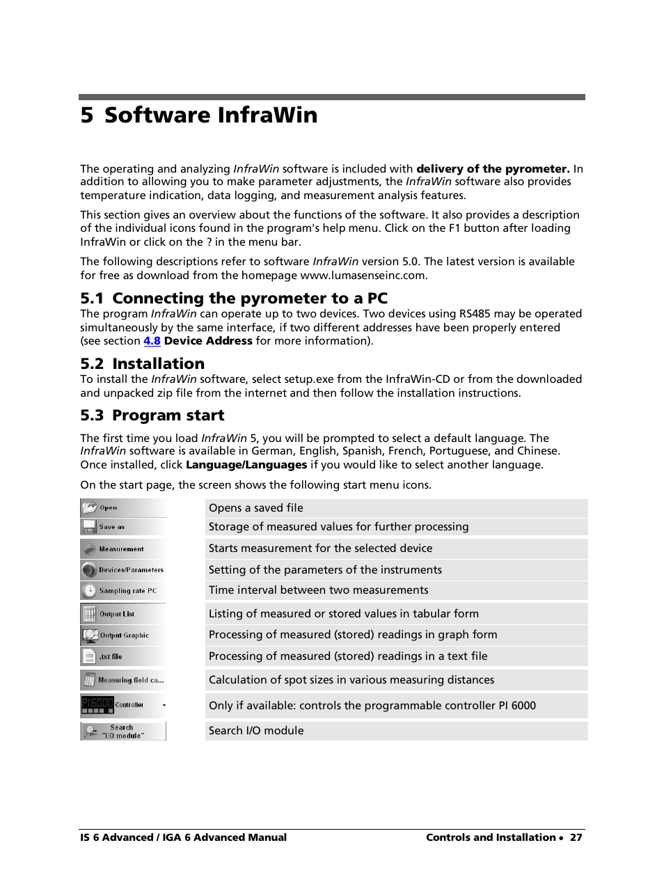 5 software infrawin, 1 connecting the pyrometer to a pc, 2 installation | 3 program start | LumaSense Technologies IS 6 Advanced User Manual | Page 27 / 44