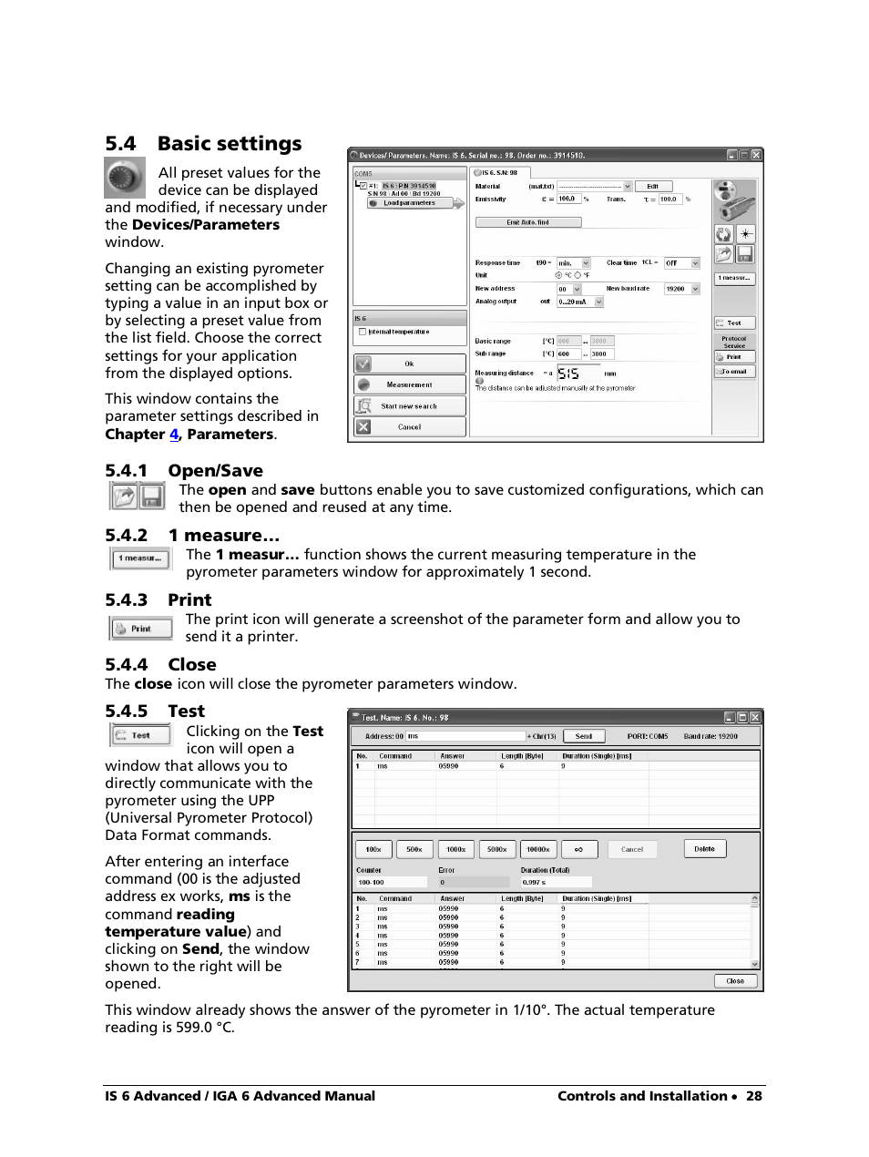 4 basic settings, 1 open/save, 2 1 measure | 3 print, 4 close, 5 test | LumaSense Technologies IS 6 Advanced User Manual | Page 28 / 44