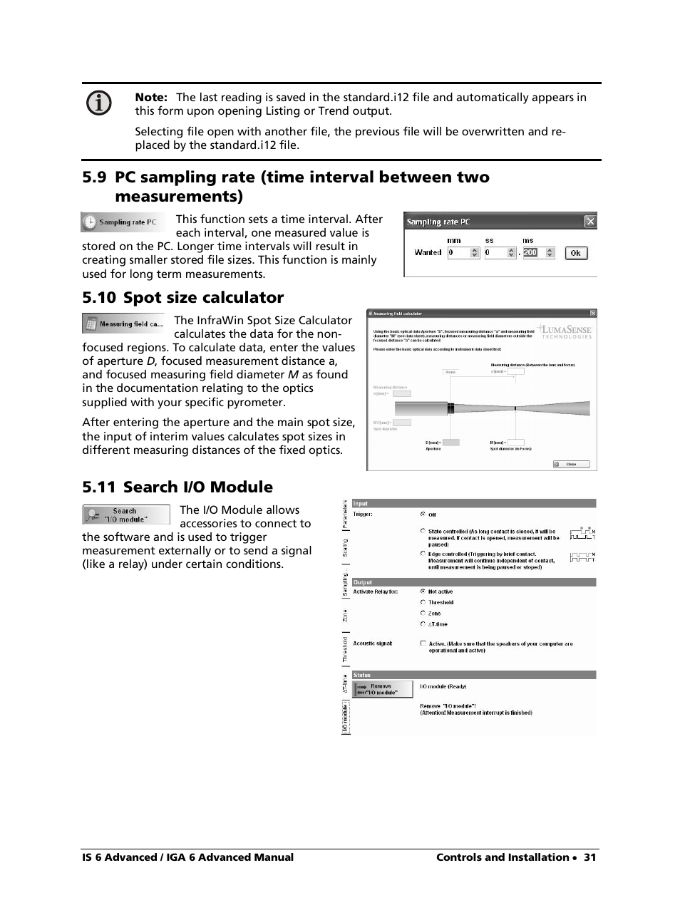 10 spot size calculator, 11 search i/o module | LumaSense Technologies IS 6 Advanced User Manual | Page 31 / 44