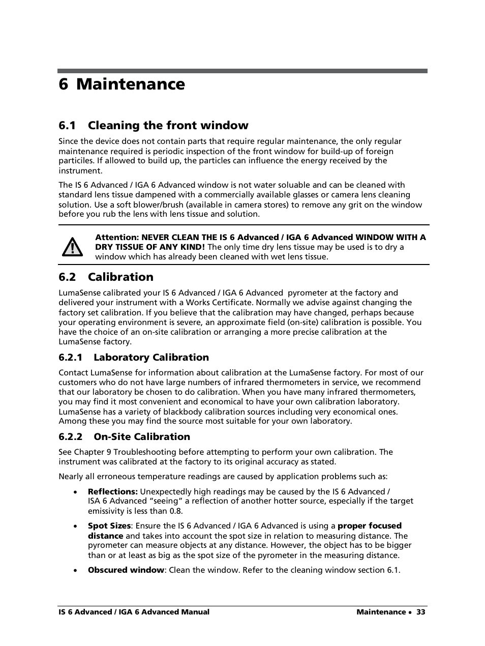 6 maintenance, 1 cleaning the front window, 2 calibration | 1 laboratory calibration, 2 on-site calibration | LumaSense Technologies IS 6 Advanced User Manual | Page 33 / 44
