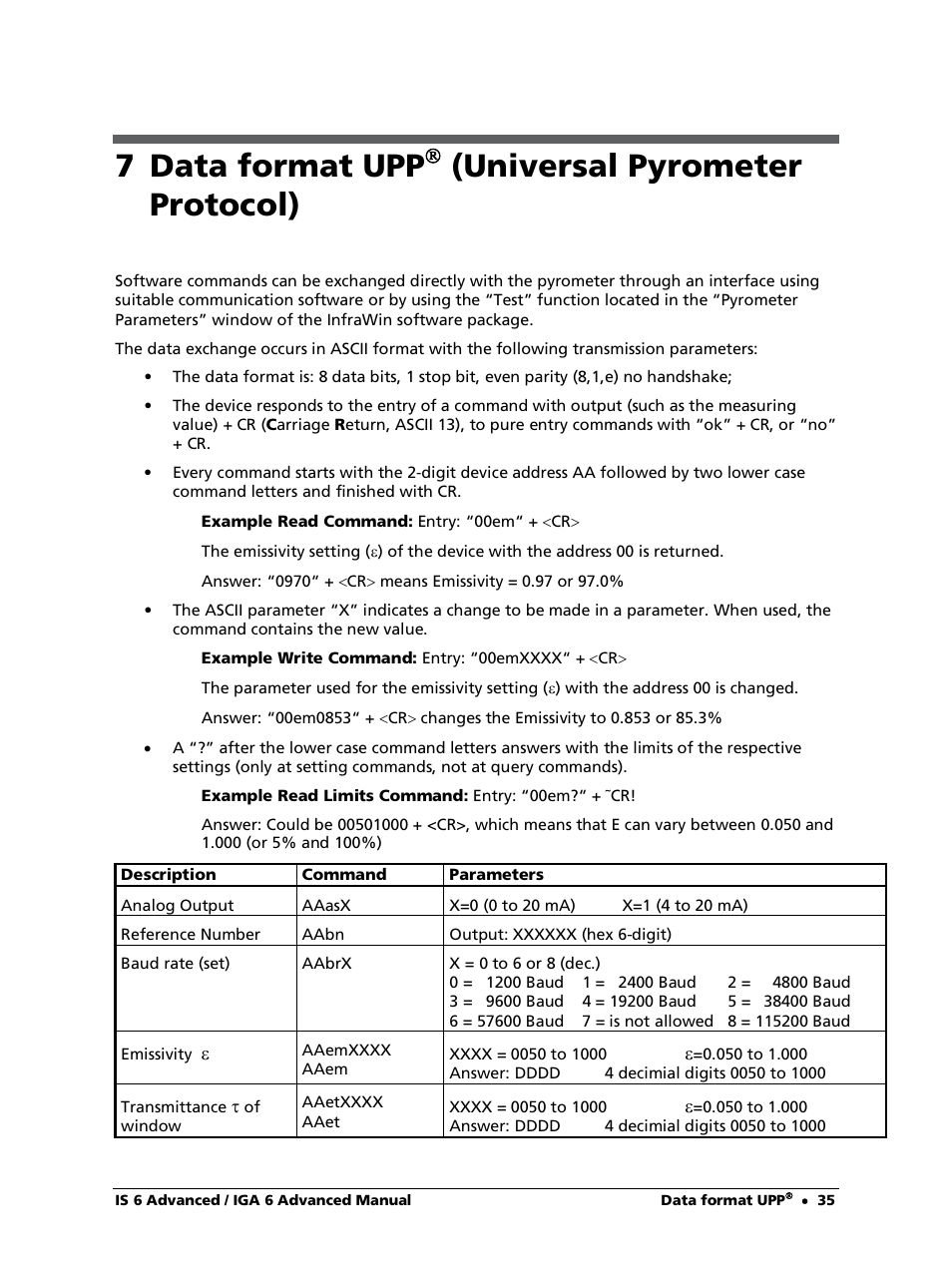 7 data format upp( (universal pyrometer protocol), 7 data format upp, Universal pyrometer protocol) | LumaSense Technologies IS 6 Advanced User Manual | Page 35 / 44