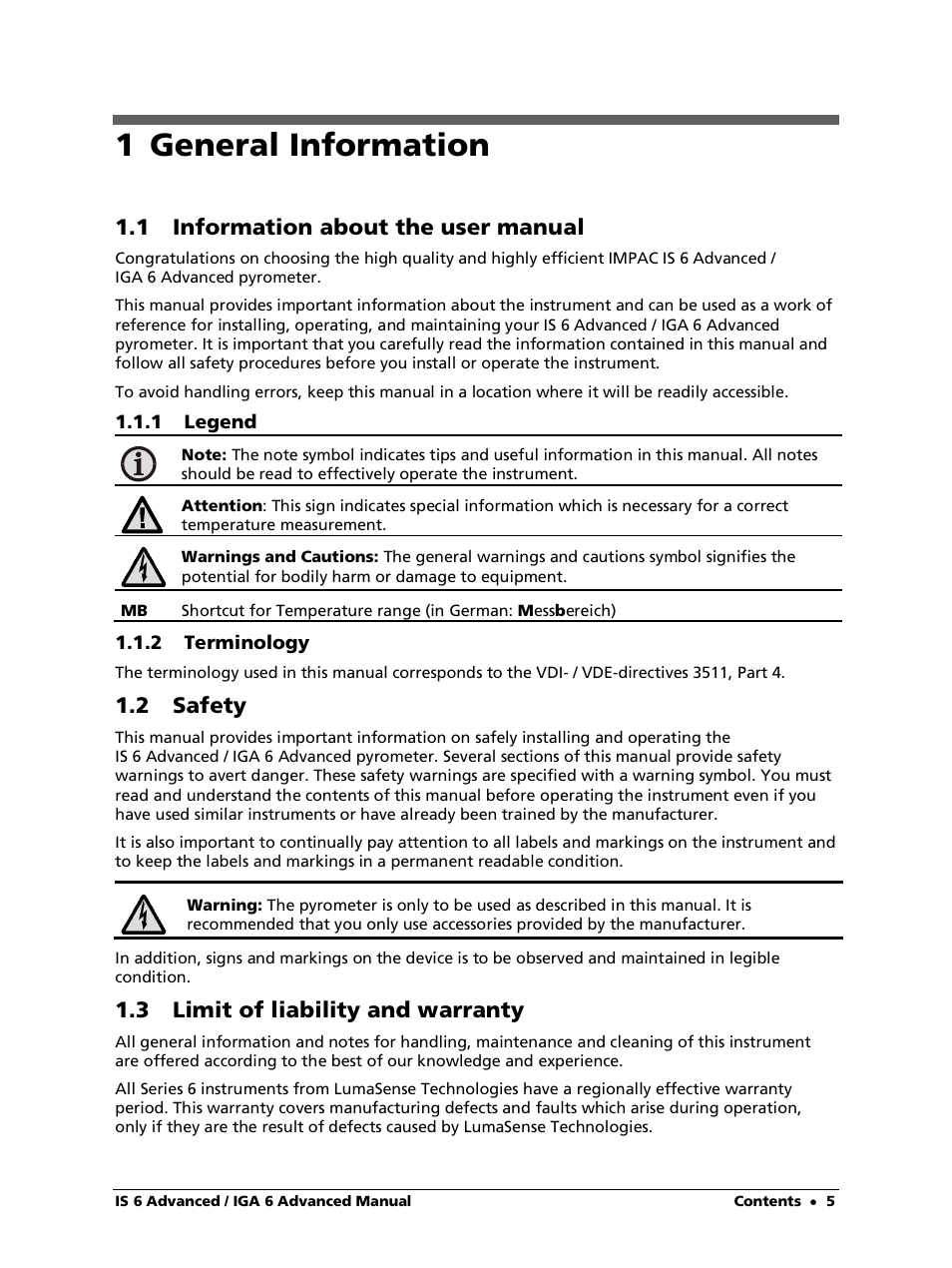 1 general information, 1 information about the user manual, 1 legend | 2 terminology, 2 safety, 3 limit of liability and warranty | LumaSense Technologies IS 6 Advanced User Manual | Page 5 / 44