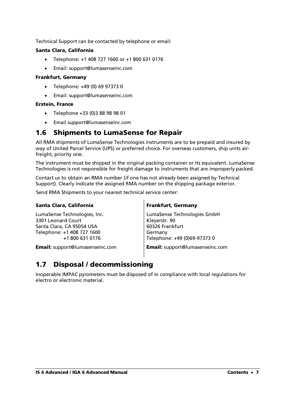 6 shipments to lumasense for repair, 7 disposal / decommissioning | LumaSense Technologies IS 6 Advanced User Manual | Page 7 / 44
