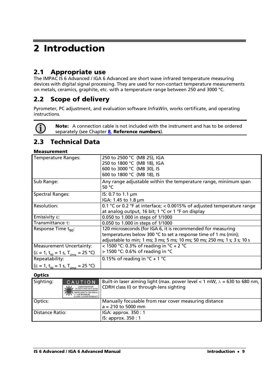 2 introduction, 1 appropriate use, 2 scope of delivery | 3 technical data | LumaSense Technologies IS 6 Advanced User Manual | Page 9 / 44
