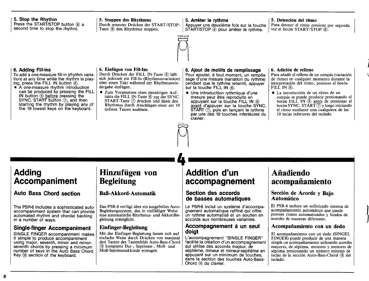 Arrêter le rythme, Adding fill-ins, Ajout de motifs de remplissage | Adding, Accompaniment, Auto bass chord section, Single-finger accompaniment, Hínzufügen von begleitung, Baß-akkord-automatik, Einfinger-begieitung | Yamaha PSR-6 User Manual | Page 10 / 20