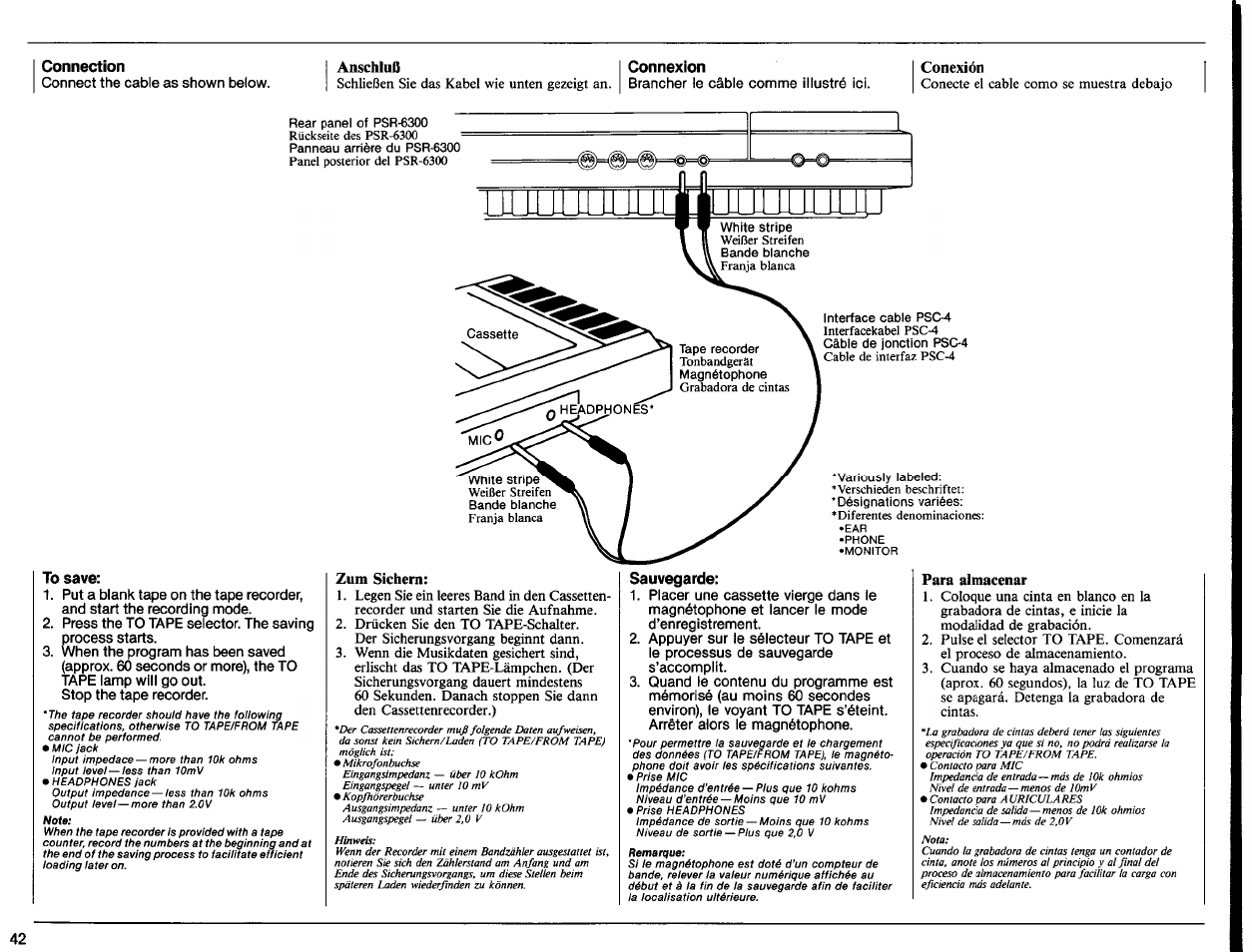 To save, Zum sichern, Sauvegarde | Para almacenar, Connection, Connexion | Yamaha PSR-6300 User Manual | Page 44 / 52