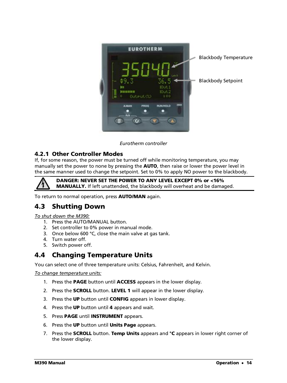 1 other controller modes, 3 shutting down, 4 changing temperature units | LumaSense Technologies M390 User Manual | Page 14 / 35