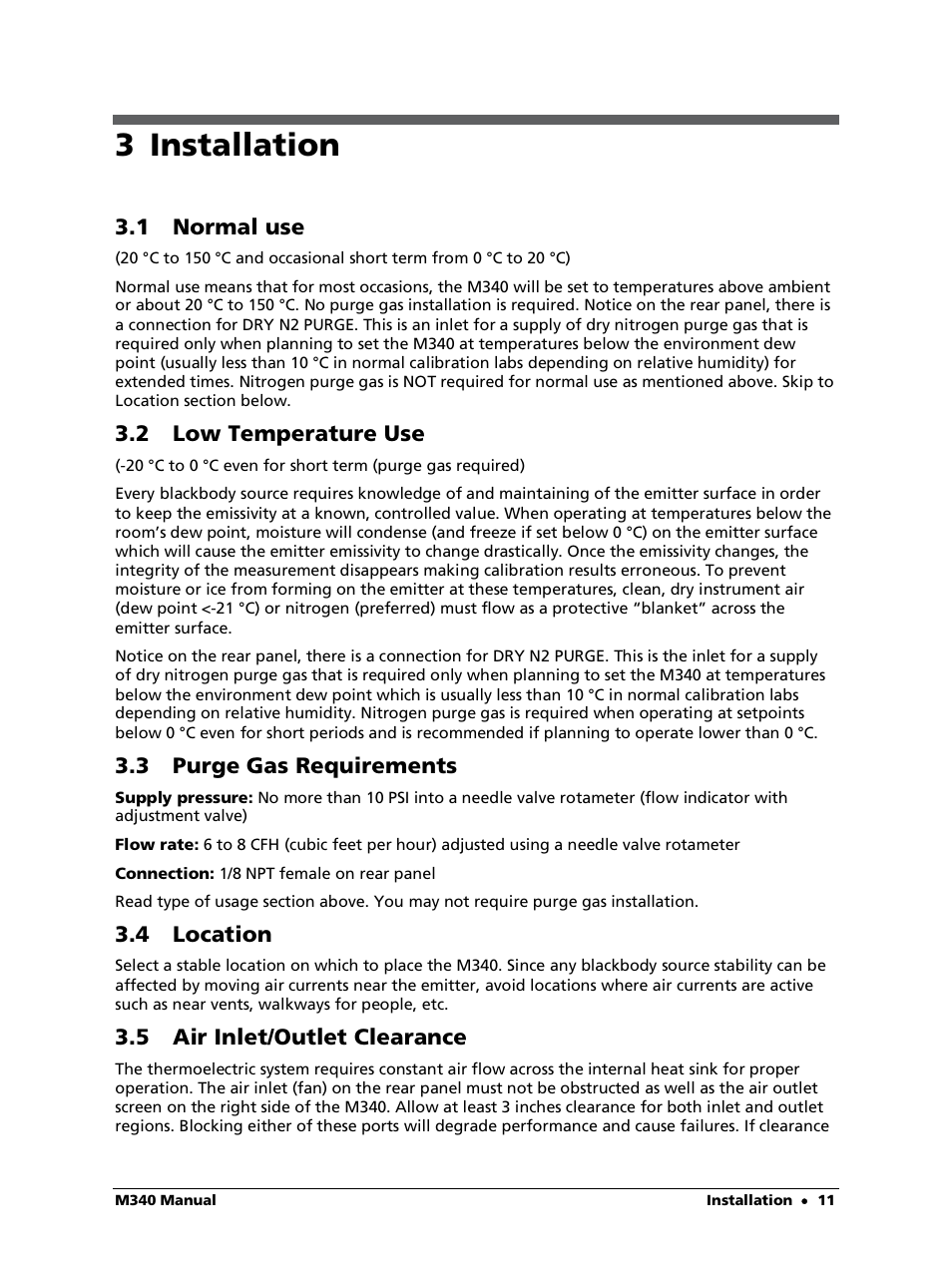 3 installation, 1 normal use, 2 low temperature use | 3 purge gas requirements, 4 location, 5 air inlet/outlet clearance | LumaSense Technologies M340 User Manual | Page 11 / 30