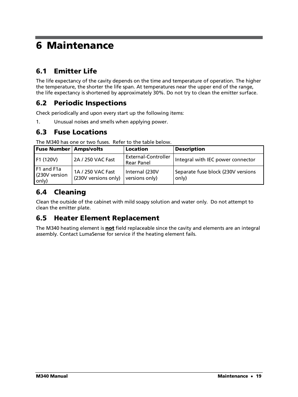 6 maintenance, 1 emitter life, 2 periodic inspections | 3 fuse locations, 4 cleaning, 5 heater element replacement | LumaSense Technologies M340 User Manual | Page 19 / 30