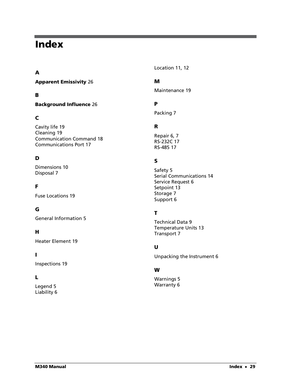 Index | LumaSense Technologies M340 User Manual | Page 29 / 30