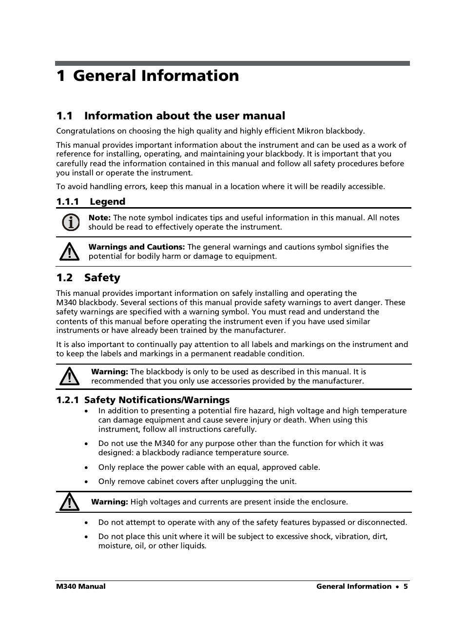 1 general information, 1 information about the user manual, 1 legend | 2 safety, 1 safety notifications/warnings | LumaSense Technologies M340 User Manual | Page 5 / 30