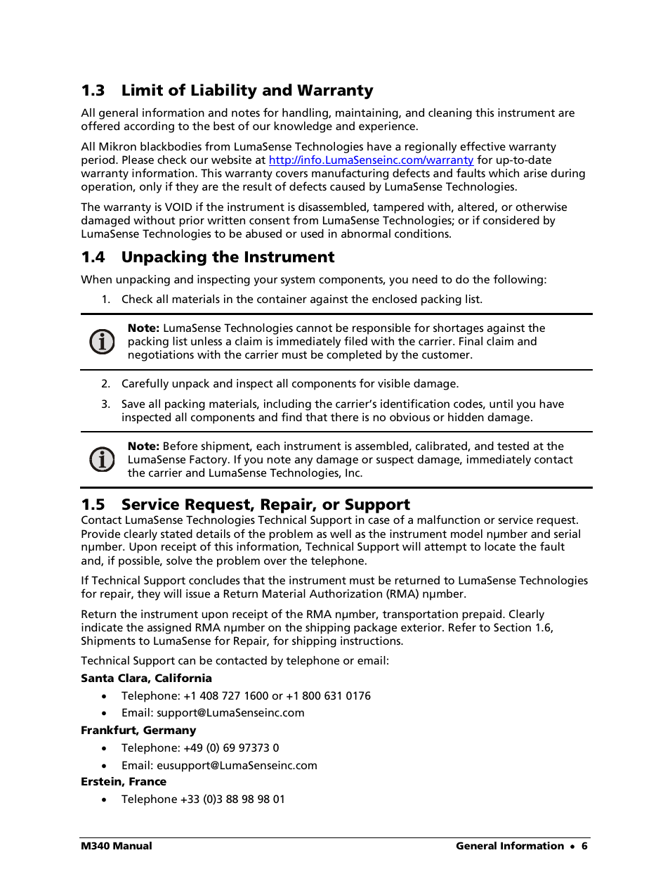 3 limit of liability and warranty, 4 unpacking the instrument, 5 service request, repair, or support | LumaSense Technologies M340 User Manual | Page 6 / 30
