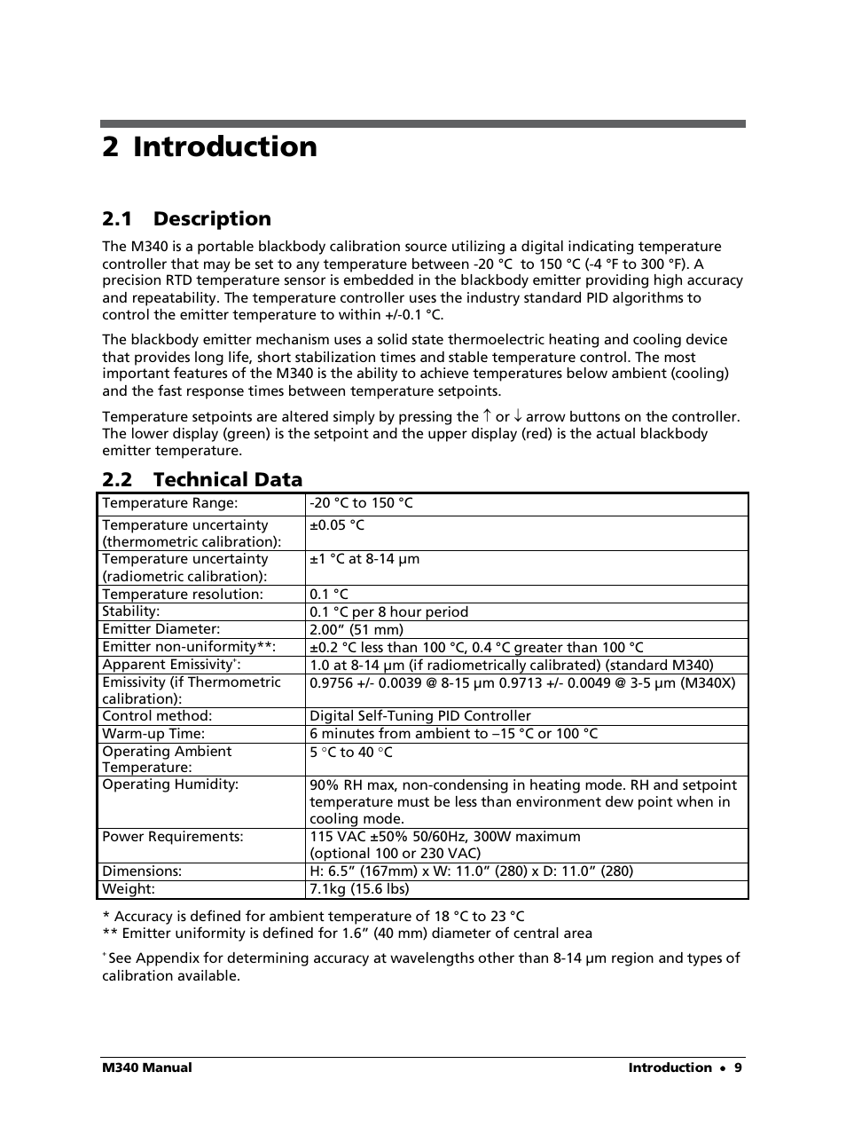 2 introduction, 1 description, 2 technical data | LumaSense Technologies M340 User Manual | Page 9 / 30
