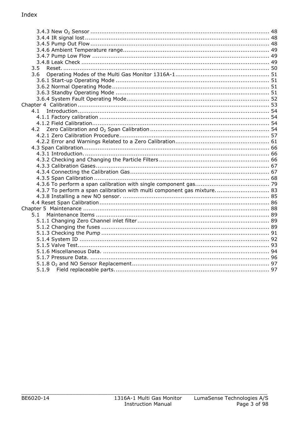 Chapter 4 calibration 53, Chapter 5 maintenance 88 | LumaSense Technologies INNOVA 1316A-1 User Manual | Page 3 / 98