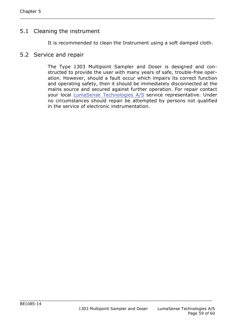 1 cleaning the instrument, 2 service and repair | LumaSense Technologies INNOVA 1303 User Manual | Page 59 / 60