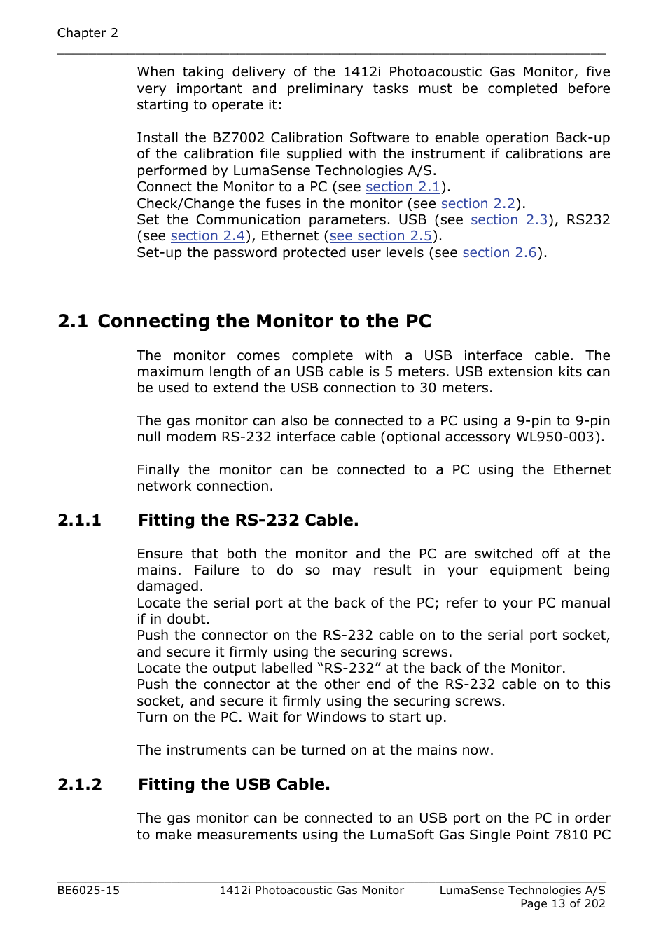 1 connecting the monitor to the pc, 1 fitting the rs-232 cable, 2 fitting the usb cable | LumaSense Technologies INNOVA 1412i User Manual | Page 13 / 202