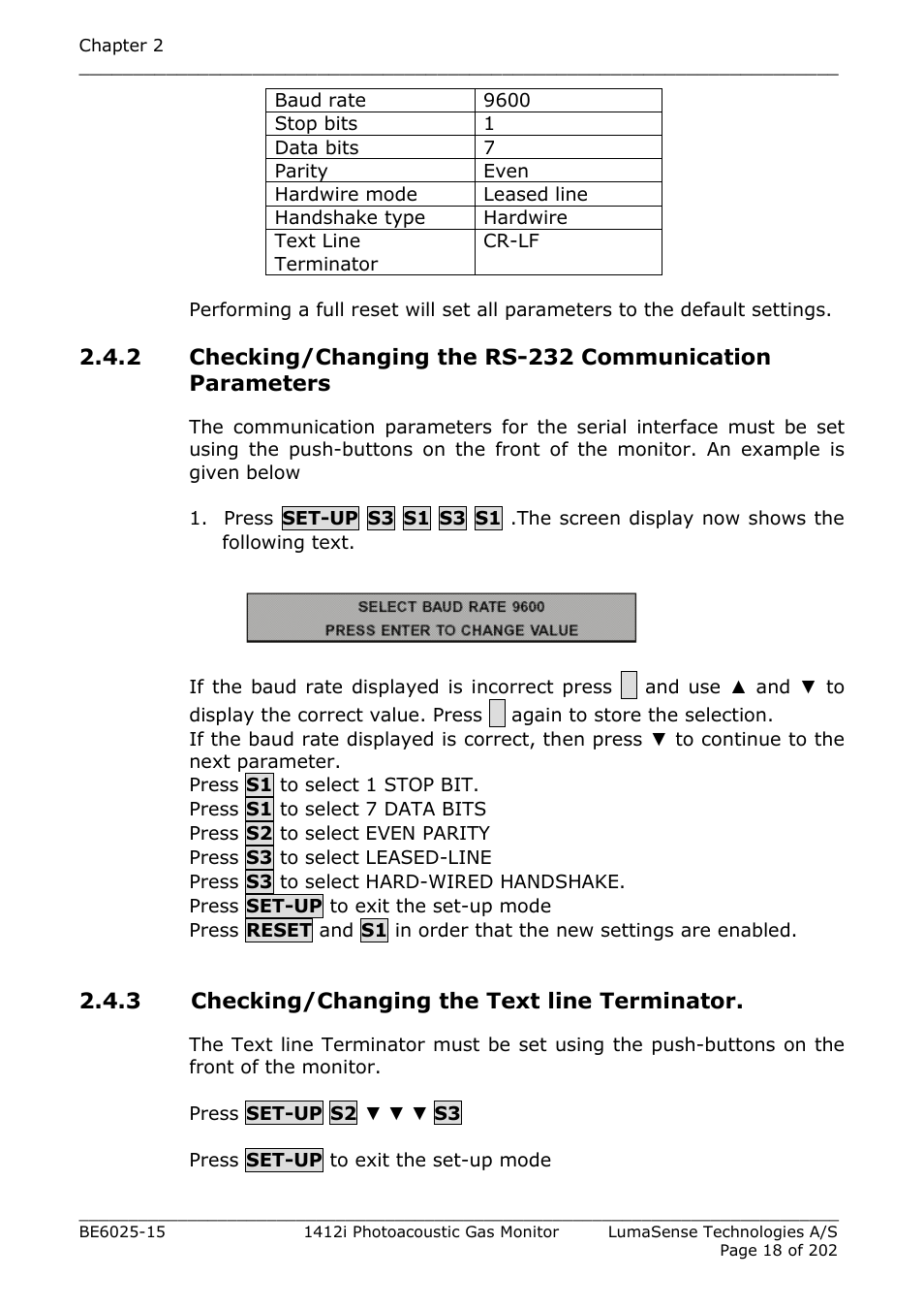 3 checking/changing the text line terminator | LumaSense Technologies INNOVA 1412i User Manual | Page 18 / 202