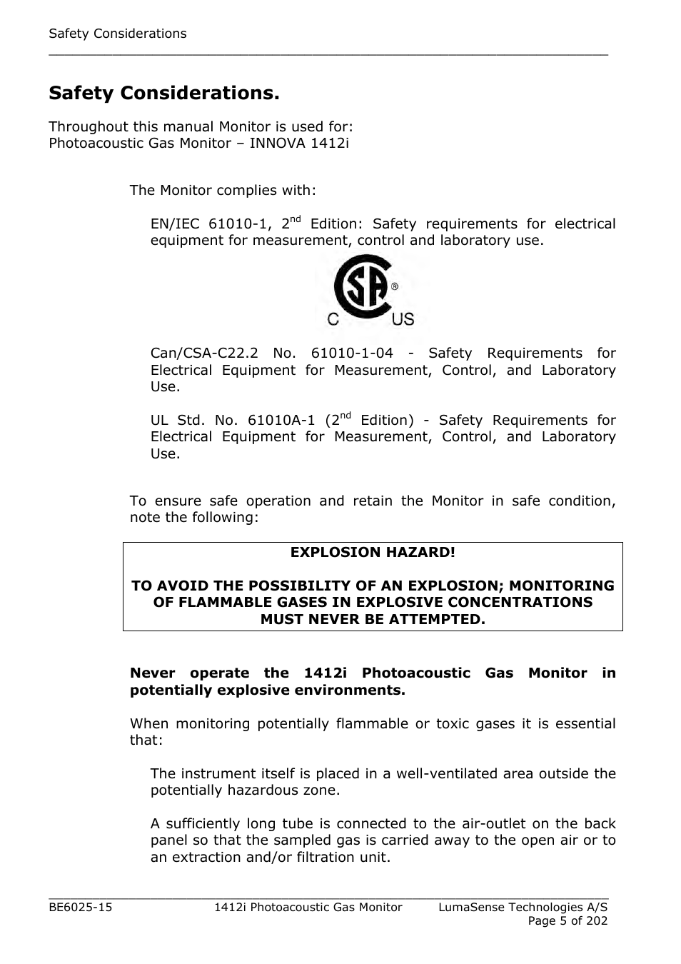 Safety considerations | LumaSense Technologies INNOVA 1412i User Manual | Page 5 / 202