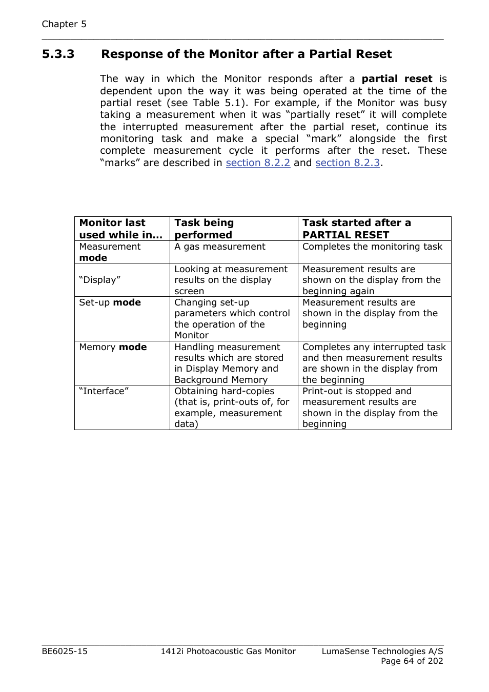 3 response of the monitor after a partial reset | LumaSense Technologies INNOVA 1412i User Manual | Page 64 / 202