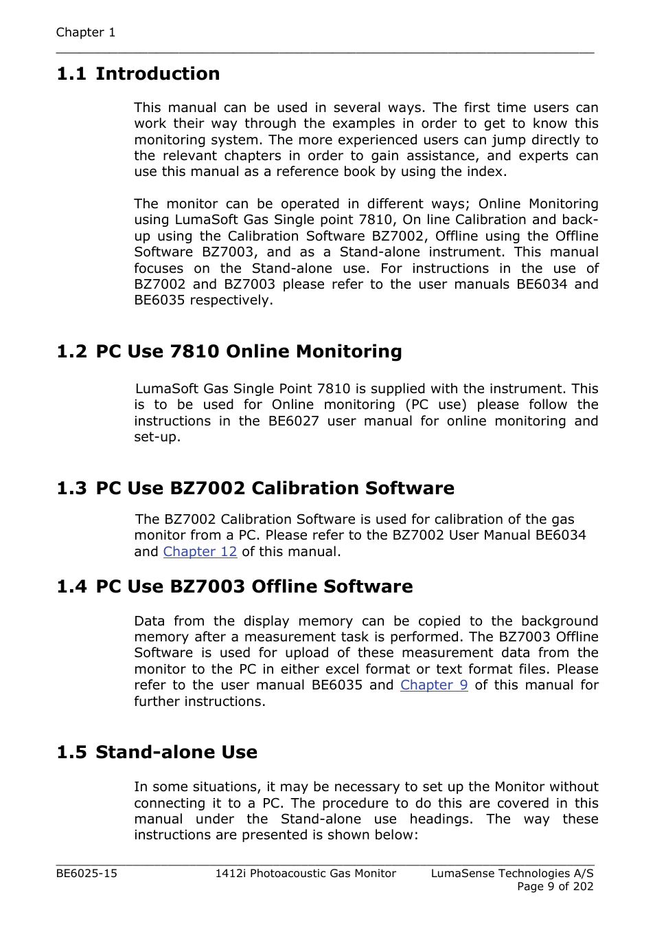 1 introduction, 2 pc use 7810 online monitoring, 3 pc use bz7002 calibration software | 4 pc use bz7003 offline software, 5 stand-alone use | LumaSense Technologies INNOVA 1412i User Manual | Page 9 / 202