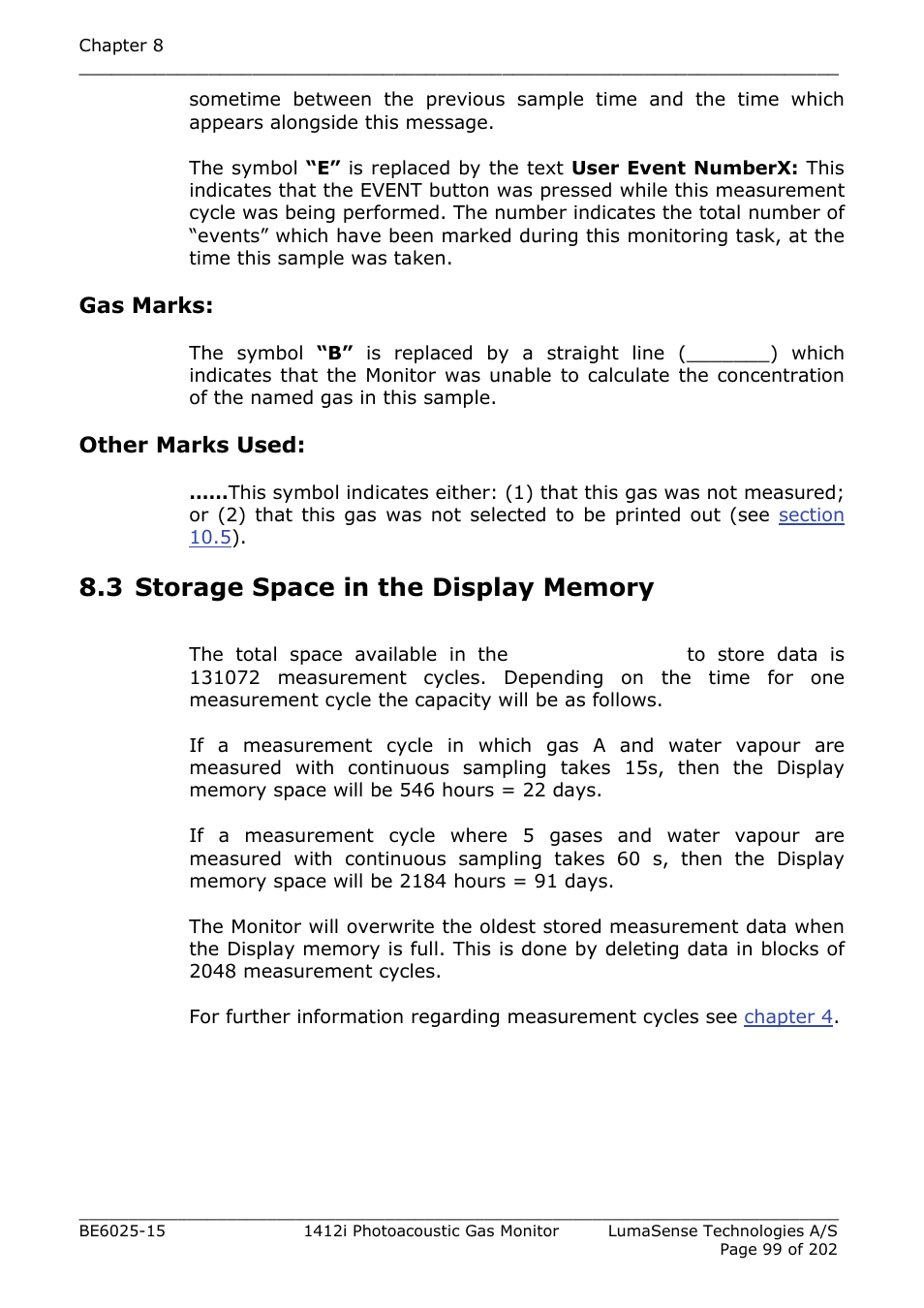 3 storage space in the display memory, Section 8.3 | LumaSense Technologies INNOVA 1412i User Manual | Page 99 / 202