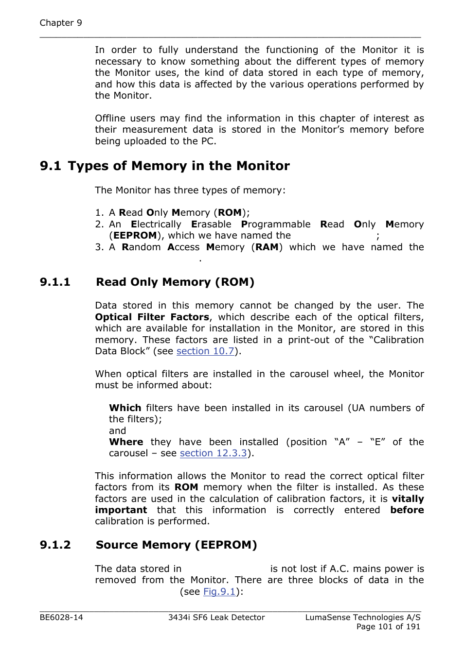 1 types of memory in the monitor, 1 read only memory (rom), 2 source memory (eeprom) | LumaSense Technologies 3434i SF6 Leak Detector User Manual | Page 101 / 191