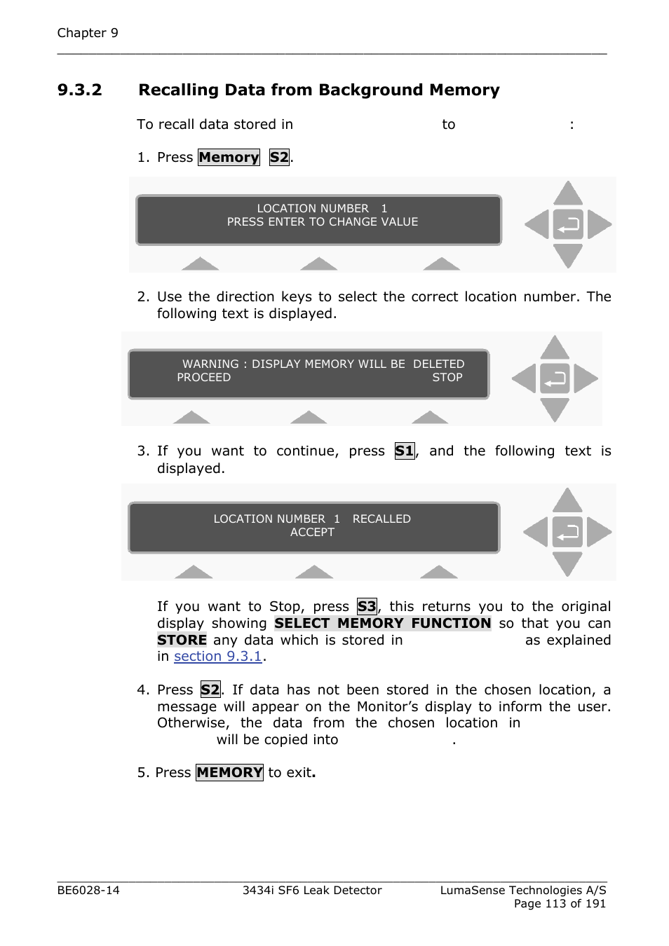 2 recalling data from background memory, Section 9.3.2 | LumaSense Technologies 3434i SF6 Leak Detector User Manual | Page 113 / 191