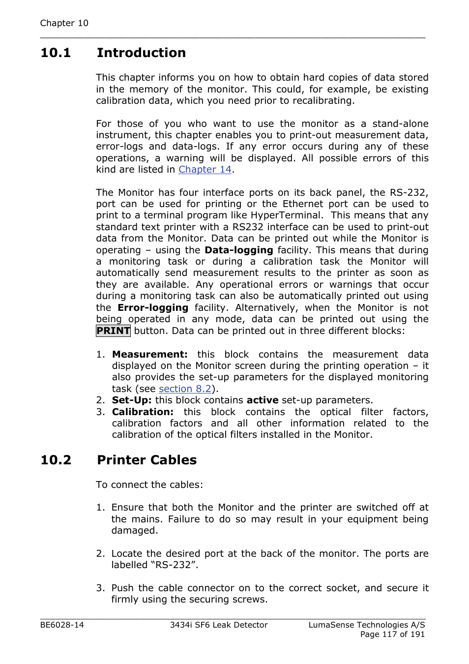 1 introduction, 2 printer cables | LumaSense Technologies 3434i SF6 Leak Detector User Manual | Page 117 / 191