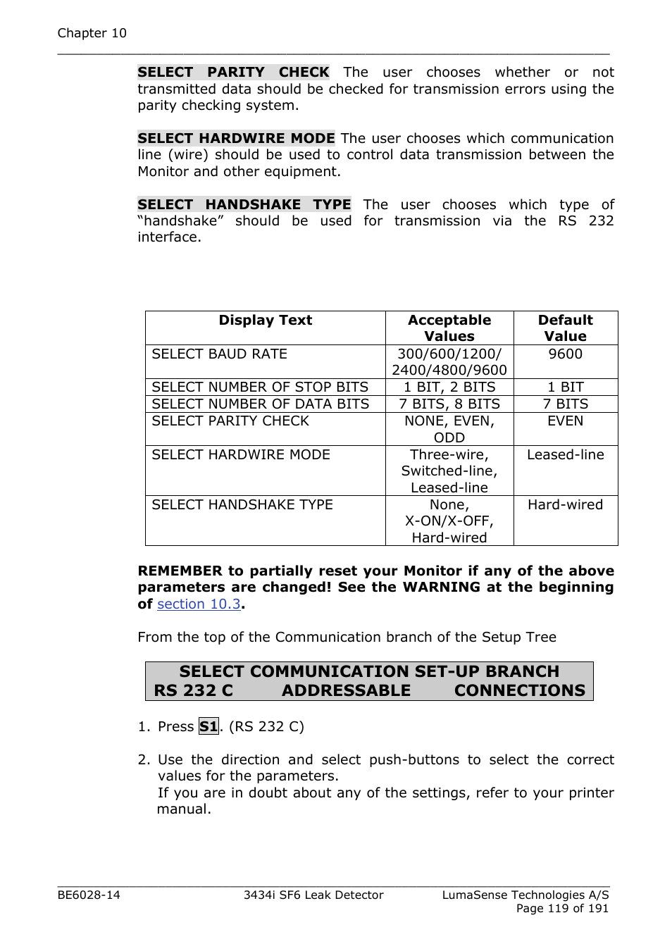 Table 10.1 | LumaSense Technologies 3434i SF6 Leak Detector User Manual | Page 119 / 191