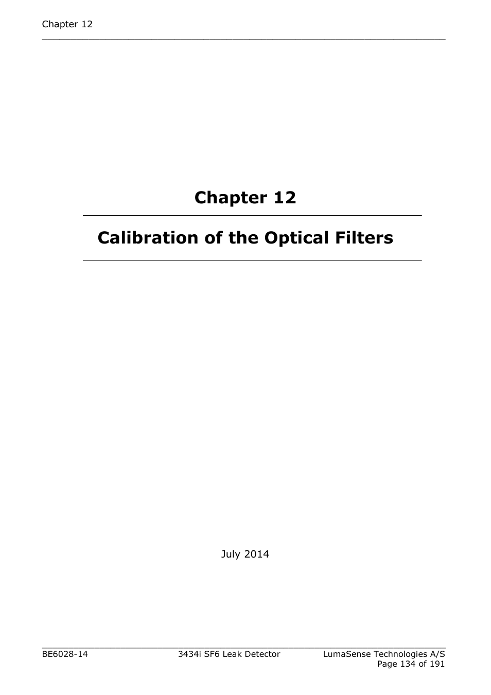 Chapter 12 calibration of the optical filters, Chapter 12 | LumaSense Technologies 3434i SF6 Leak Detector User Manual | Page 134 / 191