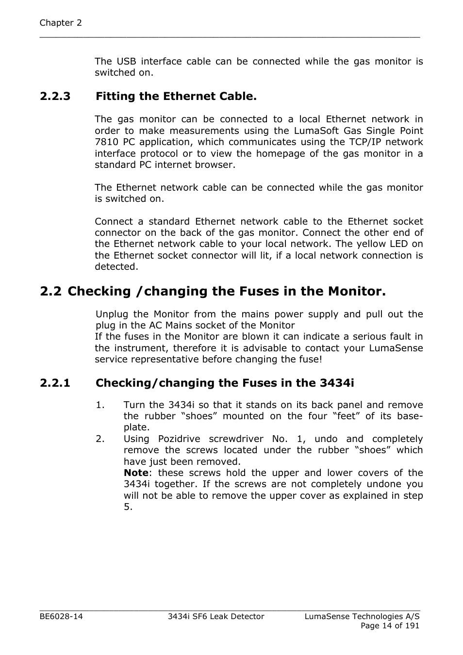 3 fitting the ethernet cable, 2 checking /changing the fuses in the monitor, 1 checking/changing the fuses in the 3434i | Section 2.2 | LumaSense Technologies 3434i SF6 Leak Detector User Manual | Page 14 / 191
