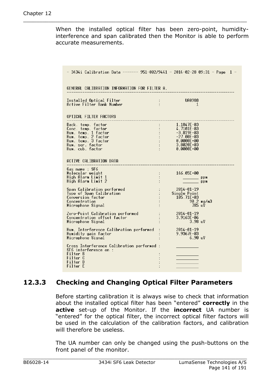 3 checking and changing optical filter parameters, Section 12.3.3, Fig.12.3 | LumaSense Technologies 3434i SF6 Leak Detector User Manual | Page 141 / 191
