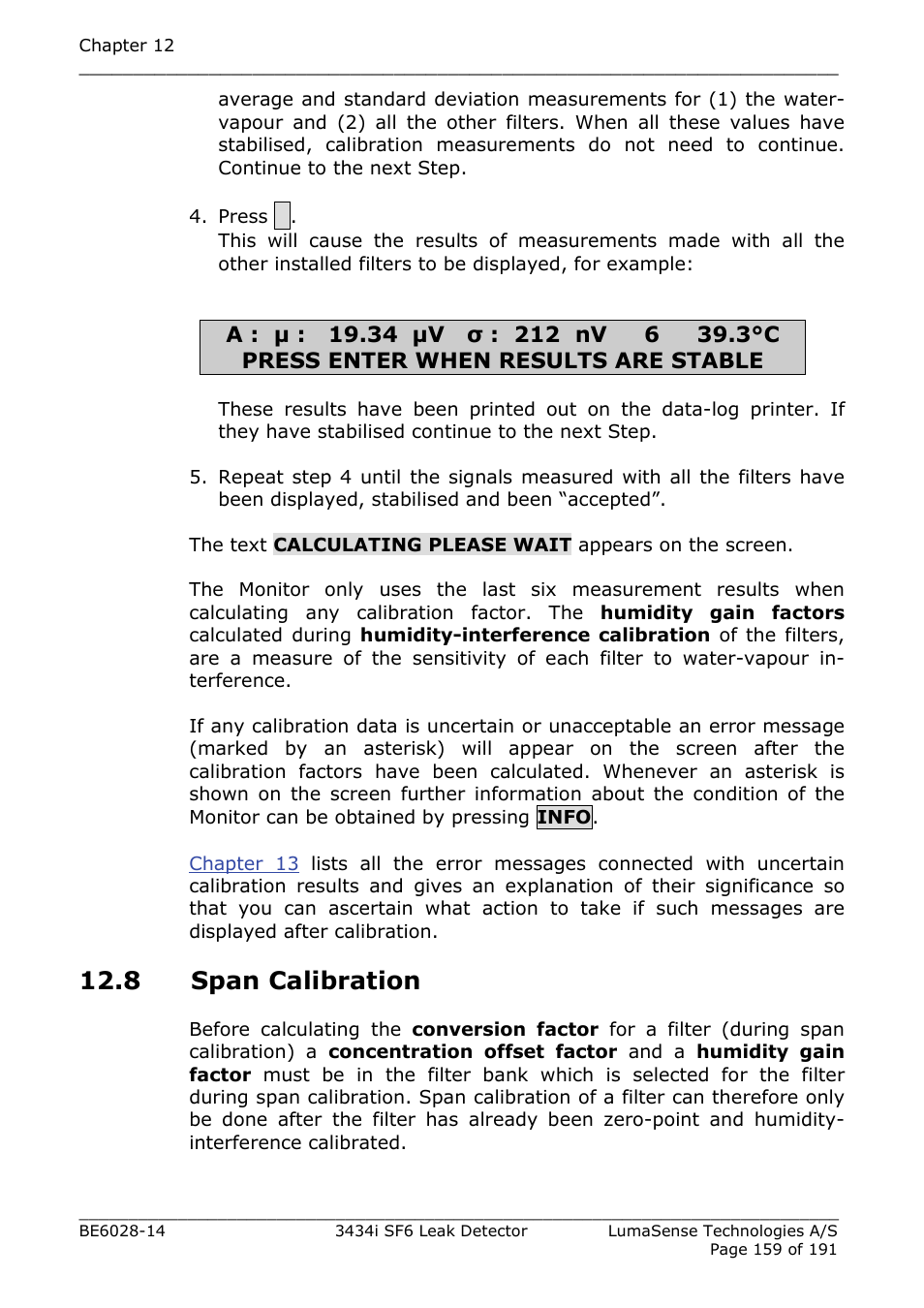 8 span calibration | LumaSense Technologies 3434i SF6 Leak Detector User Manual | Page 159 / 191
